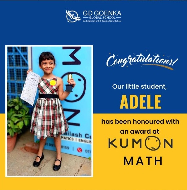 Our little student, Adele has been honoured with an award at Kumon Math. The award is a recognition of her hard work and dedication to the subject. Kumon Math is a program that helps students learn and improve their mathematical skills. Heartiest Congratulations to her!